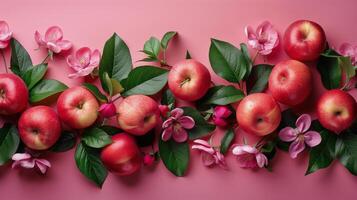 ai generiert Gruppe von Äpfel mit Blätter und Blumen auf Rosa Hintergrund foto