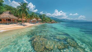 ai generiert tropisch Strand mit Palme Bäume und mit Stroh gedeckt Hütten foto