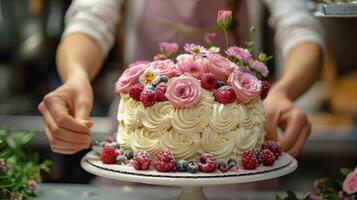 ai generiert Frau dekorieren Kuchen mit Blumen und Beeren foto
