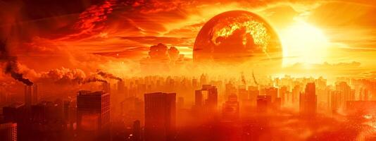 ai generiert dramatisch apokalyptisch Horizont mit feurig Sonne und Wolken Über Stadt Silhouette foto