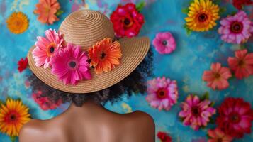ai generiert Frau tragen Hut mit Blumen foto