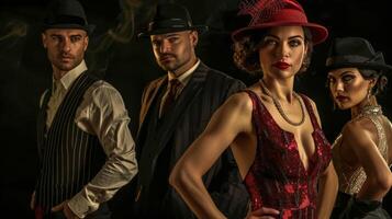 ai generiert vier Modelle gestylt im 1920er Jahre Gangster Mode, mit ein dunkel, launisch Atmosphäre foto
