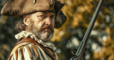 ai generiert Porträt von ein Mann gekleidet wie ein traditionell Pirat mit Muskete foto