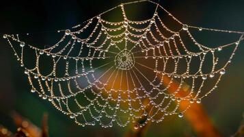 ai generiert Spinne Netz bedeckt im Wasser Tröpfchen foto
