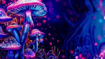 ai generiert verzaubert Neon- Pilze im Fantasie Landschaft foto