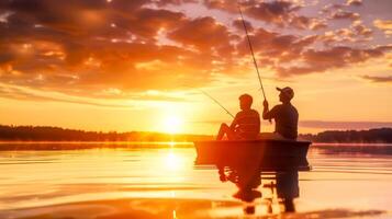 ai generiert Silhouetten von zwei Menschen Angeln im ein Boot auf ein still See mit ein beschwingt Sonnenuntergang Hintergrund foto