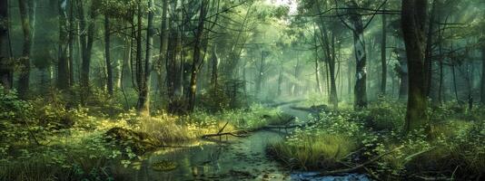 ai generiert mystisch Wald Panorama im neblig Morgen Licht foto