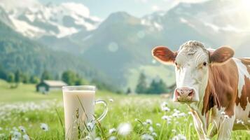 ai generiert frisch Milch im alpin Landschaft mit Kuh foto