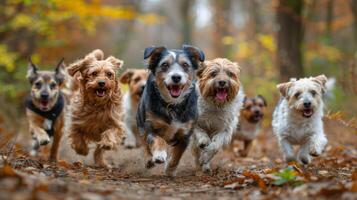 ai generiert Gruppe von Hunde Laufen Nieder Schmutz Straße foto