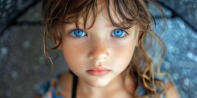 ai generiert wenig Mädchen mit Blau Augen halten ein Regenschirm foto