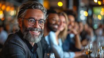 ai generiert Gruppe von Menschen Sitzung beim Tabelle mit Wein Brille foto