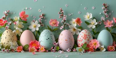 ai generiert Gemälde von Blumen und Eier auf ein Mauer foto