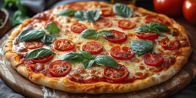 ai generiert köstlich Pizza mit Tomaten und Basilikum auf hölzern Tafel foto