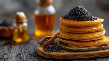 ai generiert Stapel von Pfannkuchen mit Brombeeren foto