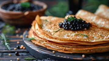 ai generiert Stapel von Pfannkuchen mit Brombeeren foto