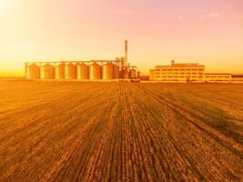 modern Metall Silos auf Agro-Verarbeitung und Herstellung Pflanze. Antenne Aussicht von Getreidespeicher Aufzug wird bearbeitet Trocknen Reinigung und Lager von landwirtschaftlich Produkte, Mehl, Getreide und Getreide. niemand. foto