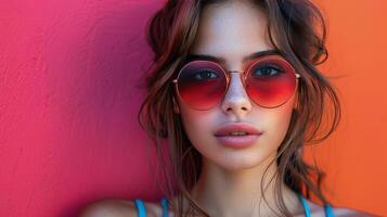 ai generiert Frau im rot Sonnenbrille im Vorderseite von Rosa Mauer foto