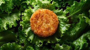 ai generiert knusprig gebraten Hamburger Pastetchen auf Grün Grüner Salat Blätter. foto