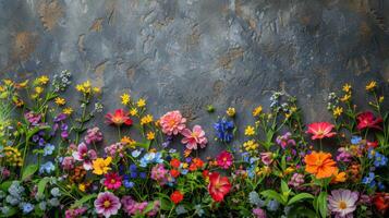 ai generiert Bündel von Blumen im das Mitte von ein Mauer foto