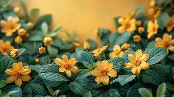ai generiert Gelb Hintergrund mit Grün Blätter und Gelb Blumen foto