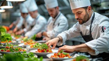 ai generiert Gruppe von Köche vorbereiten Essen im Küche foto