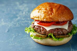 ai generiert Gourmet Burger Perfektion, saftig Rindfleisch Pastetchen mit frisch Belag auf ein Brioche Brötchen foto