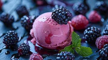 ai generiert ein Scoop von Brombeere Cabernet Sorbet mit Brombeeren und ein Cabernet die Ermäßigung foto