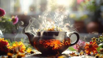 ai generiert ein dämpfen Topf von Kräuter- Tee mit Blätter wirbelnd um foto