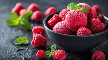 ai generiert ein Schüssel von Himbeere Sorbet mit frisch Himbeeren und Minze foto