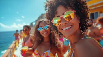 ai generiert Gruppe von Frauen im Baden Anzüge und Sonnenbrille foto