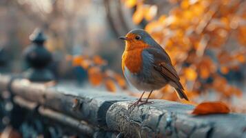 ai generiert klein Vogel thront auf Metall Zaun foto