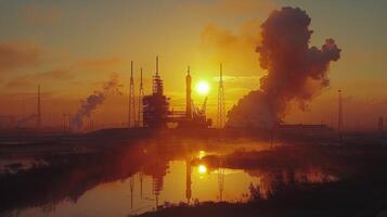 ai generiert Sonne Rahmen hinter Fabrik emittieren Rauch foto