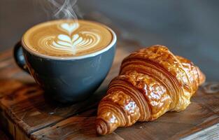 ai generiert ein Tasse von Kaffee und ein Croissant auf ein Tabelle foto