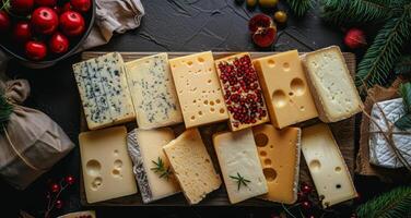 ai generiert sortiert Käse Verbreitung auf Tabelle foto