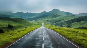 ai generiert leeren Straße Schneiden durch Grün Feld foto