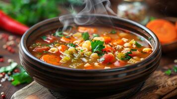 ai generiert ein dämpfen Schüssel von Minestrone Suppe mit Gemüse und Pasta foto