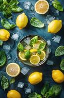 ai generiert Glas von Limonade mit Zitronen und Basilikum foto