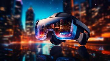 ai generiert virtuell Wirklichkeit Headset auf ein futuristisch Arbeitsplatz, innovativ Geschäft Lösungen foto