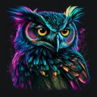 ai generiert Eule Porträt Grafik auf T-Shirt Vektor, Synthwave Stil, lebendig und bunt, detailliert foto