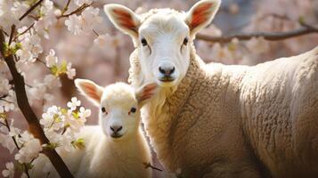 ai generiert Mutterschaf und ihr Lamm im früh Frühling, Neu Anfänge foto