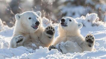 ai generiert jung Polar- Bär Jungen spielerisch interagieren im das Arktis Wildnis foto