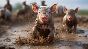 ai generiert Ferkel spielen im das Dreck, Bauernhof Leben im Aktion foto