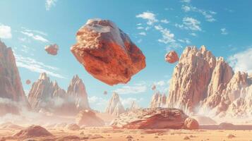 ai generiert surreal Wüste Landschaft mit schwebend Felsen und klar Himmel foto