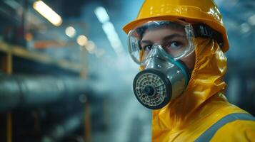 ai generiert industriell Hygiene Spezialist Überwachung Luft Qualität im ein Fabrik foto
