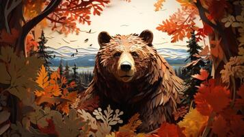 ai generiert Papier Schnitt Porträt von ein Bär im ein dicht, sonnendurchflutet Wald foto