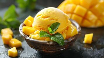 ai generiert ein Scoop von Mango Sorbet mit gewürfelt Mango Stücke foto