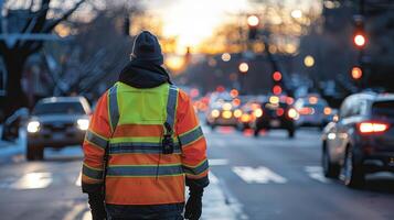 ai generiert der Verkehr Offizier Regie Fahrzeuge beim ein Überschneidung ohne Signale foto