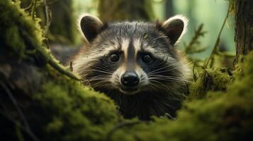 ai generiert Nahansicht von ein Waschbären Gesicht im das Wald, einnehmend Tierwelt Begegnung foto