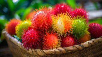 ai generiert saftig Rambutans im ein beschwingt Korb, tropisch Obst schließen oben foto