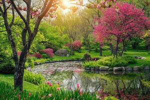 ai generiert schön Landschaftsbau mit schön Pflanzen und Blumen. foto